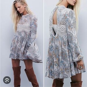 Free People Long Sleeve Paisley Dress in Blue and Cream